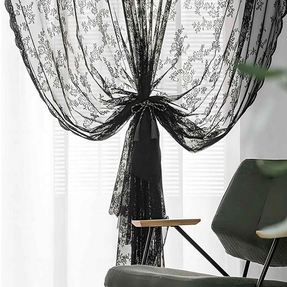 Image of Floral patterned black lace sheer curtain for home decoration