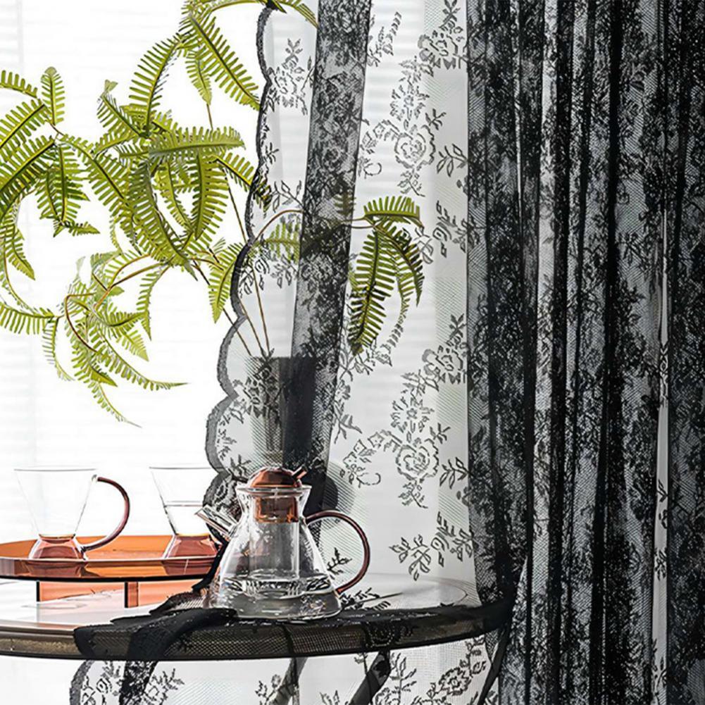 Image of Floral patterned black lace sheer curtain for home decoration