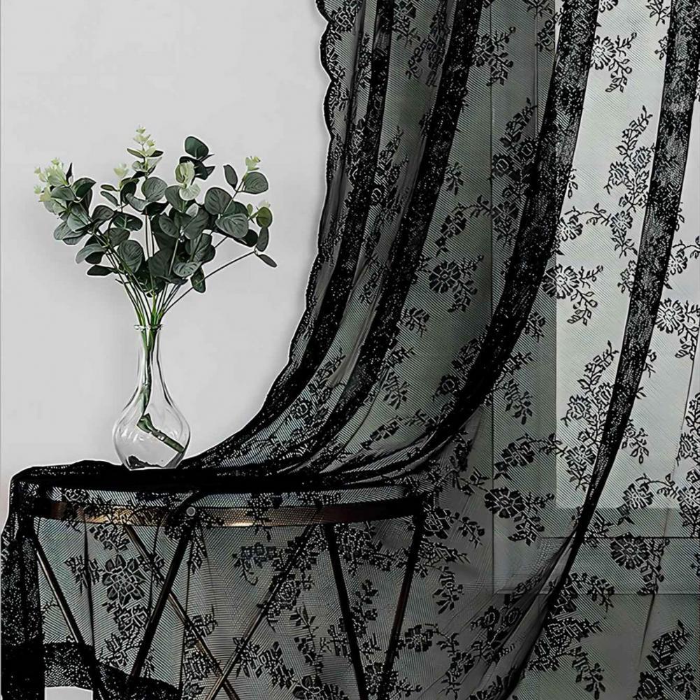 Image of Floral patterned black lace sheer curtain for home decoration