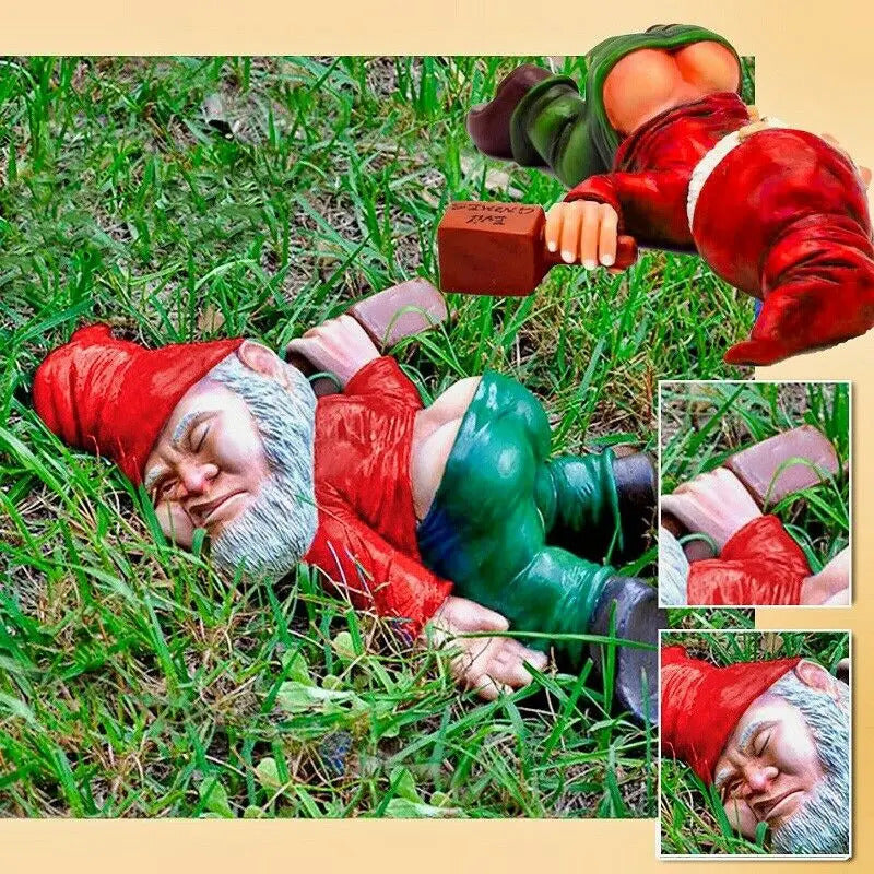 Image of Funny drunken garden gnome statue for quirky home decor