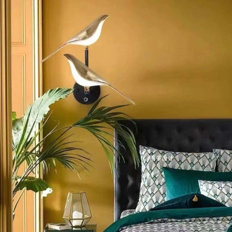 Image of Gold magpie bird LED chandelier for modern loft and restaurant lighting