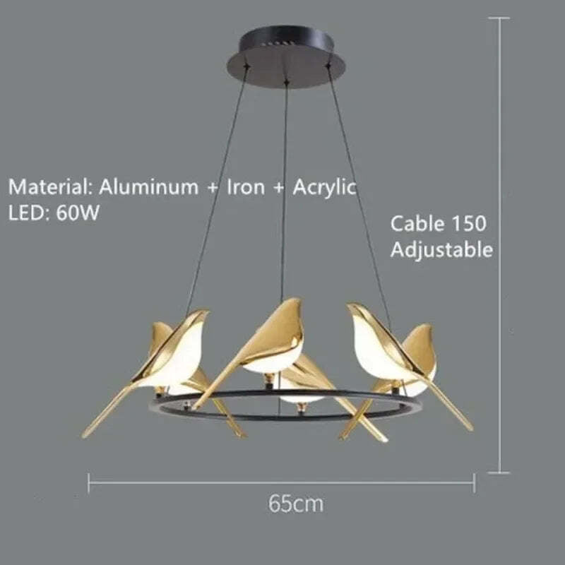 Image of Gold magpie bird LED chandelier for modern loft and restaurant lighting