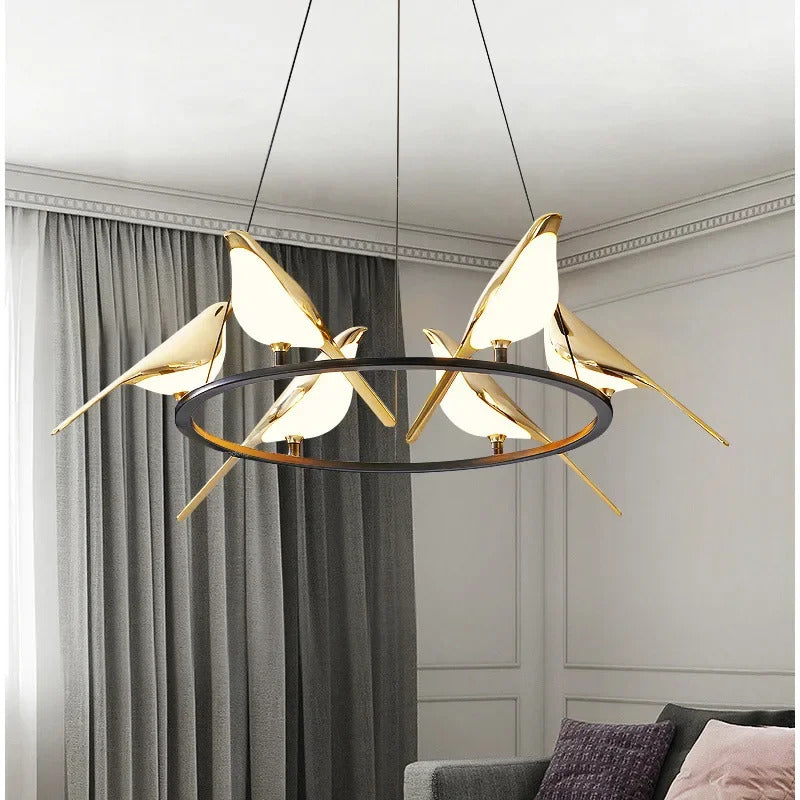 Image of Gold magpie bird LED chandelier for modern loft and restaurant lighting