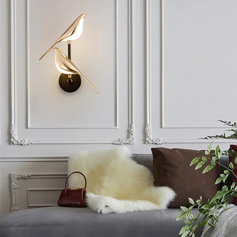 Image of Gold magpie bird LED chandelier for modern loft and restaurant lighting