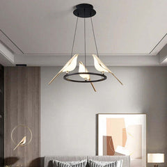 Image of Gold magpie bird LED chandelier for modern loft and restaurant lighting