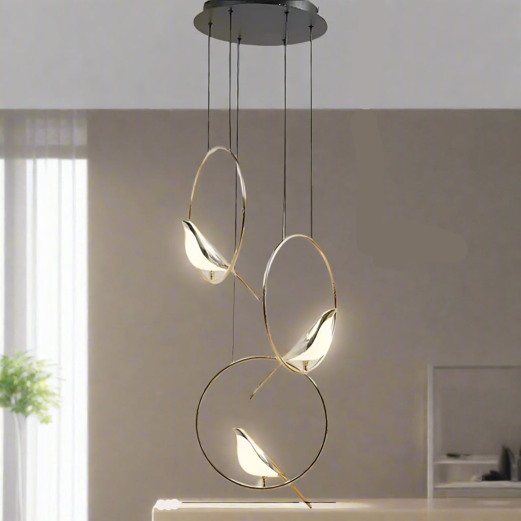 Image of Gold magpie bird LED chandelier for modern loft and restaurant lighting