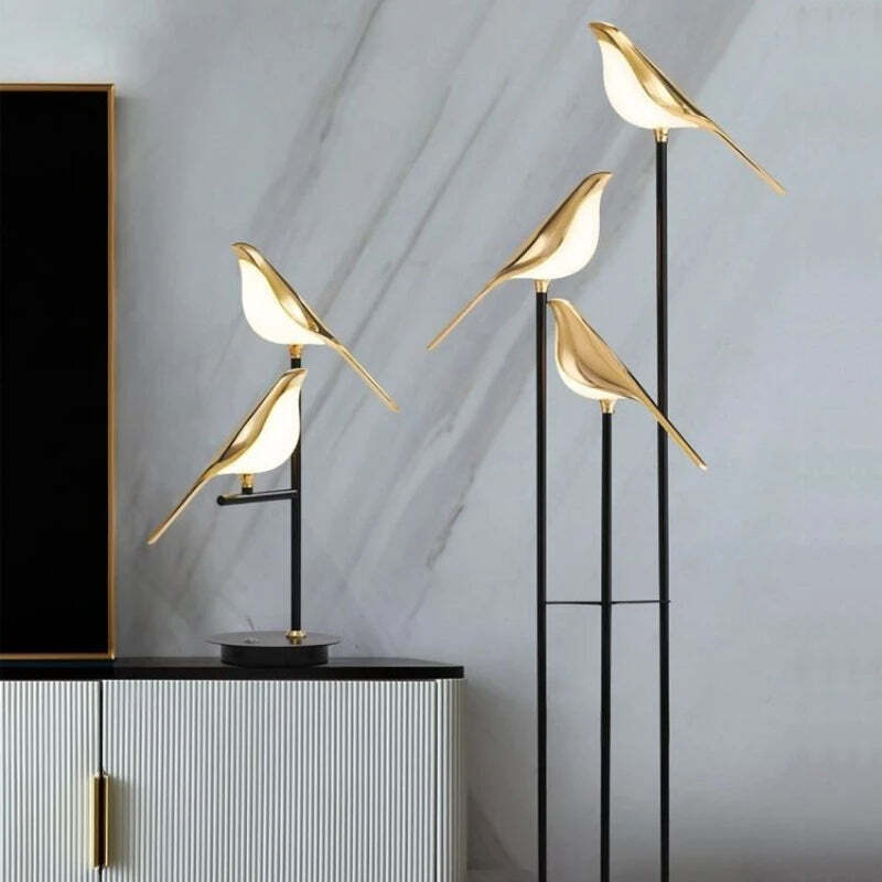 Image of Gold magpie bird LED chandelier for modern loft and restaurant lighting