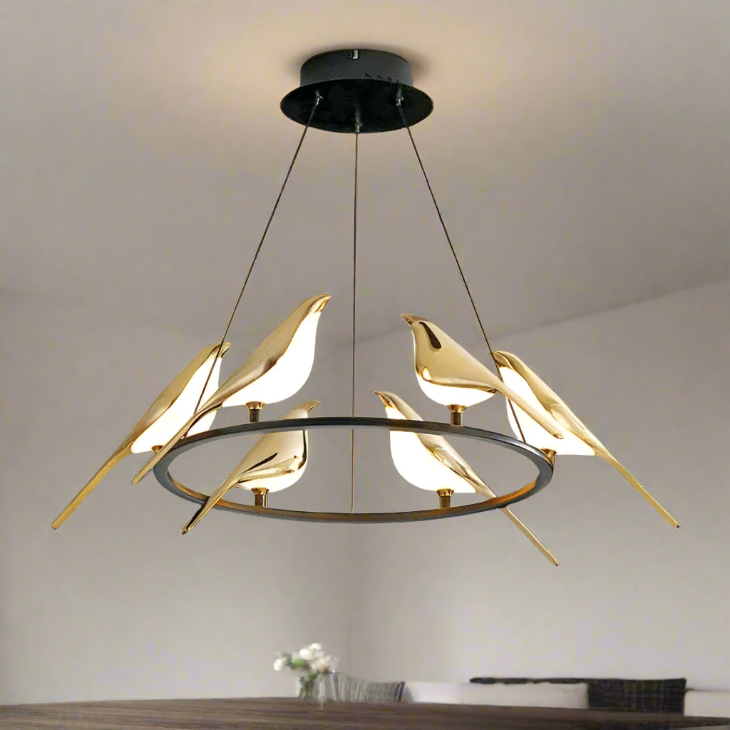 Image of Gold magpie bird LED chandelier for modern loft and restaurant lighting