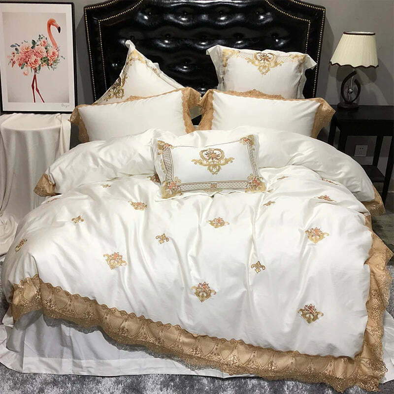 Image of Golden embroidery luxury royal lace bedding set in Egyptian cotton