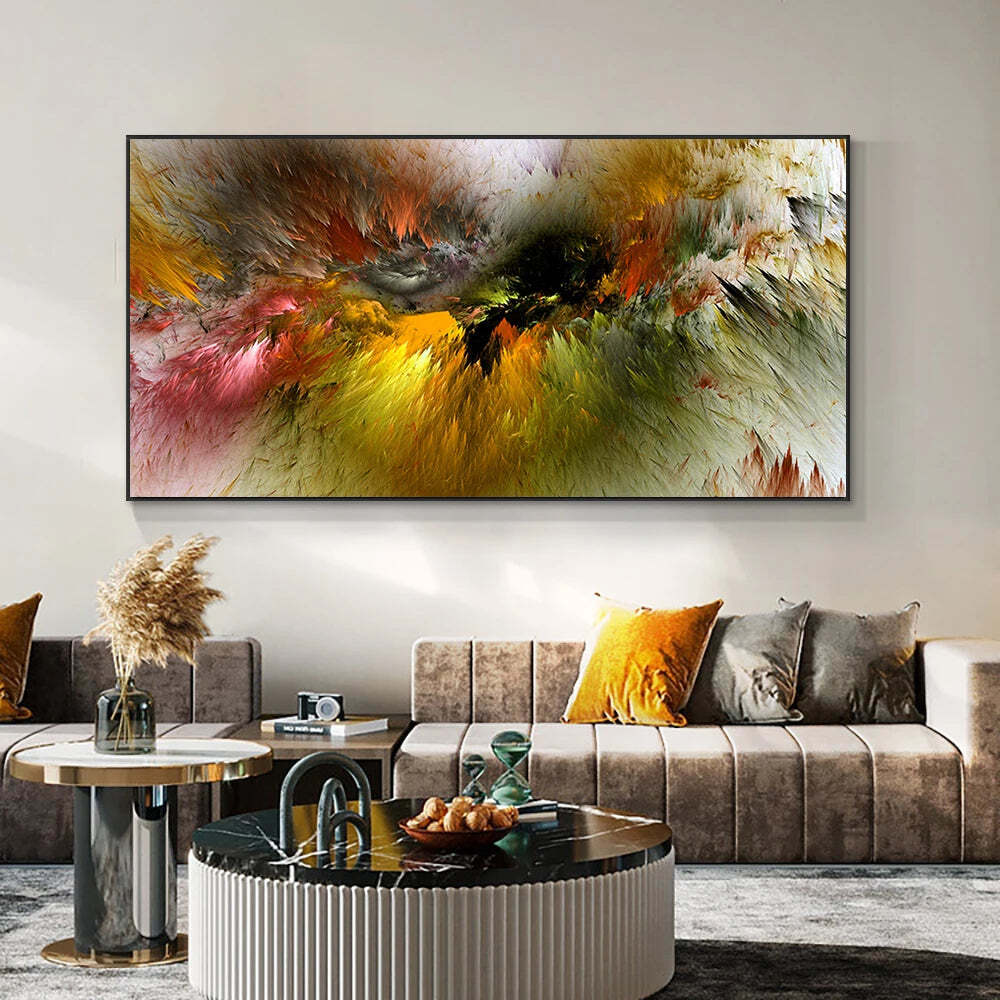 Image of Grey and yellow cloud abstract art oil painting on canvas for modern living room decor