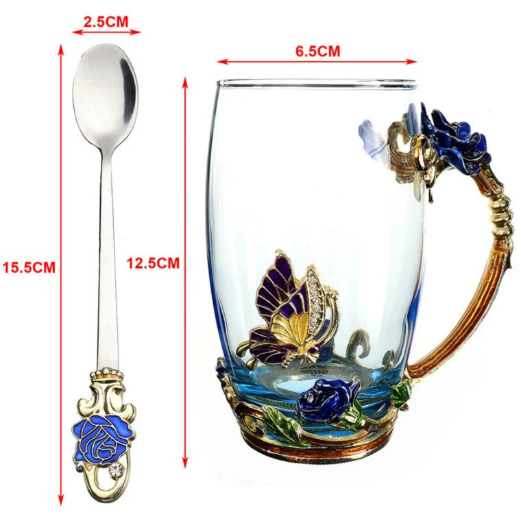 Image of Handmade enamel crystal glass coffee mug gift with spoon