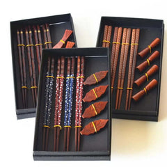 Image of Handmade Japanese natural wood chopsticks set with cute holders