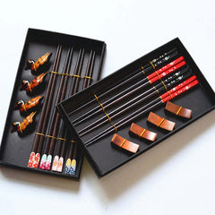 Image of Handmade Japanese natural wood chopsticks set with cute holders