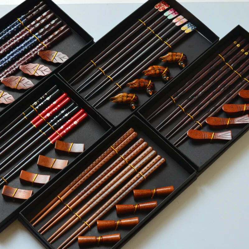 Image of Handmade Japanese natural wood chopsticks set with cute holders