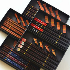 Image of Handmade Japanese natural wood chopsticks set with cute holders