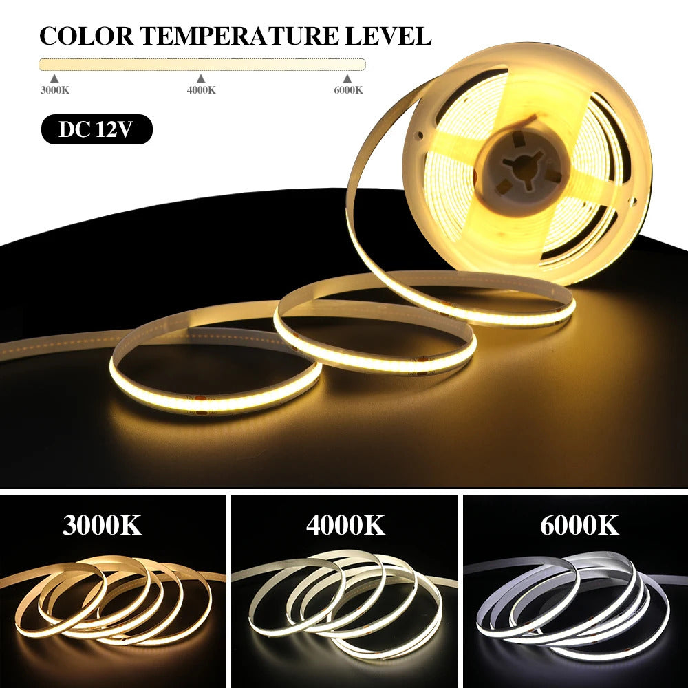 Image of High-density COB strip LED light with 320 LEDs per meter in versatile colors