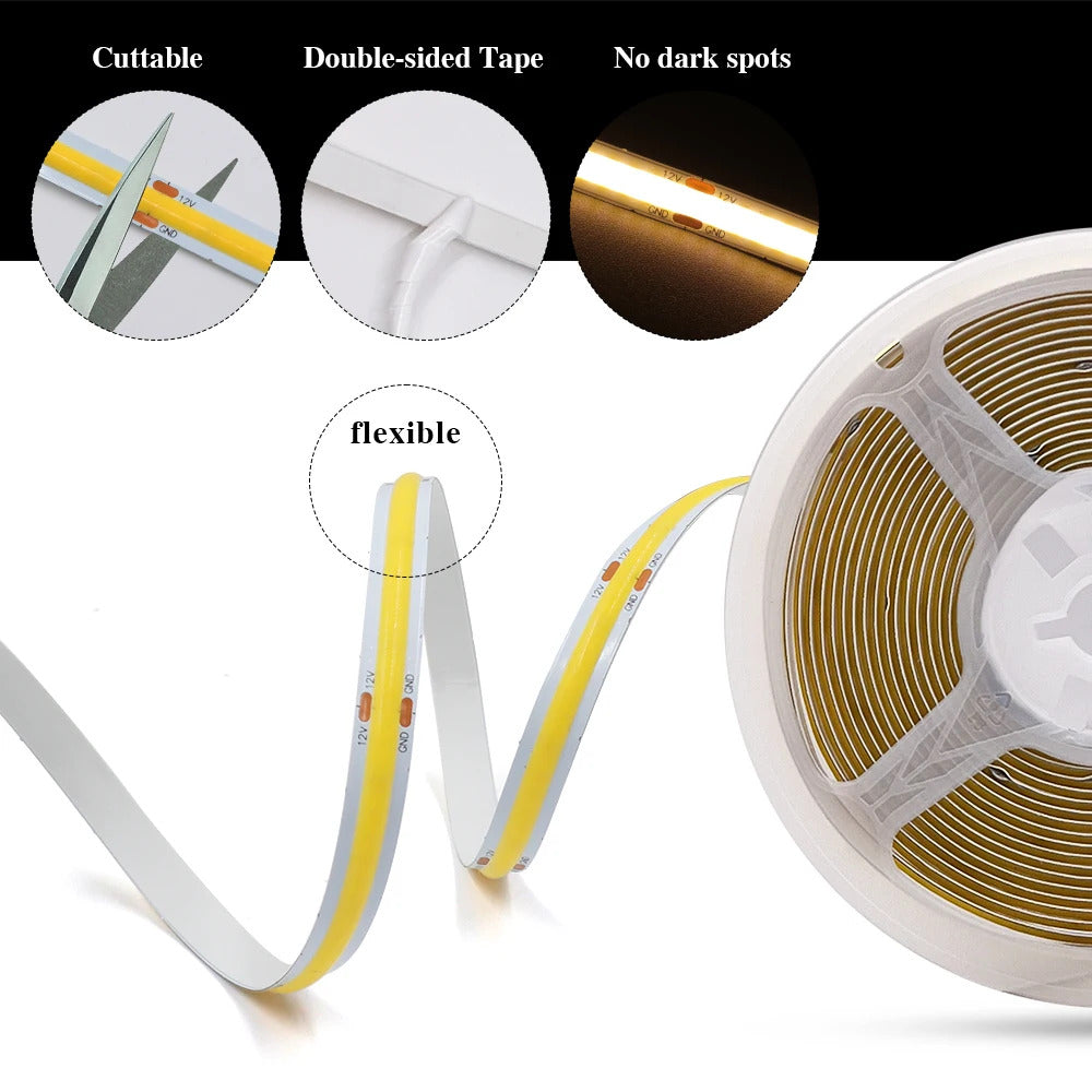 Image of High-density COB strip LED light with 320 LEDs per meter in versatile colors