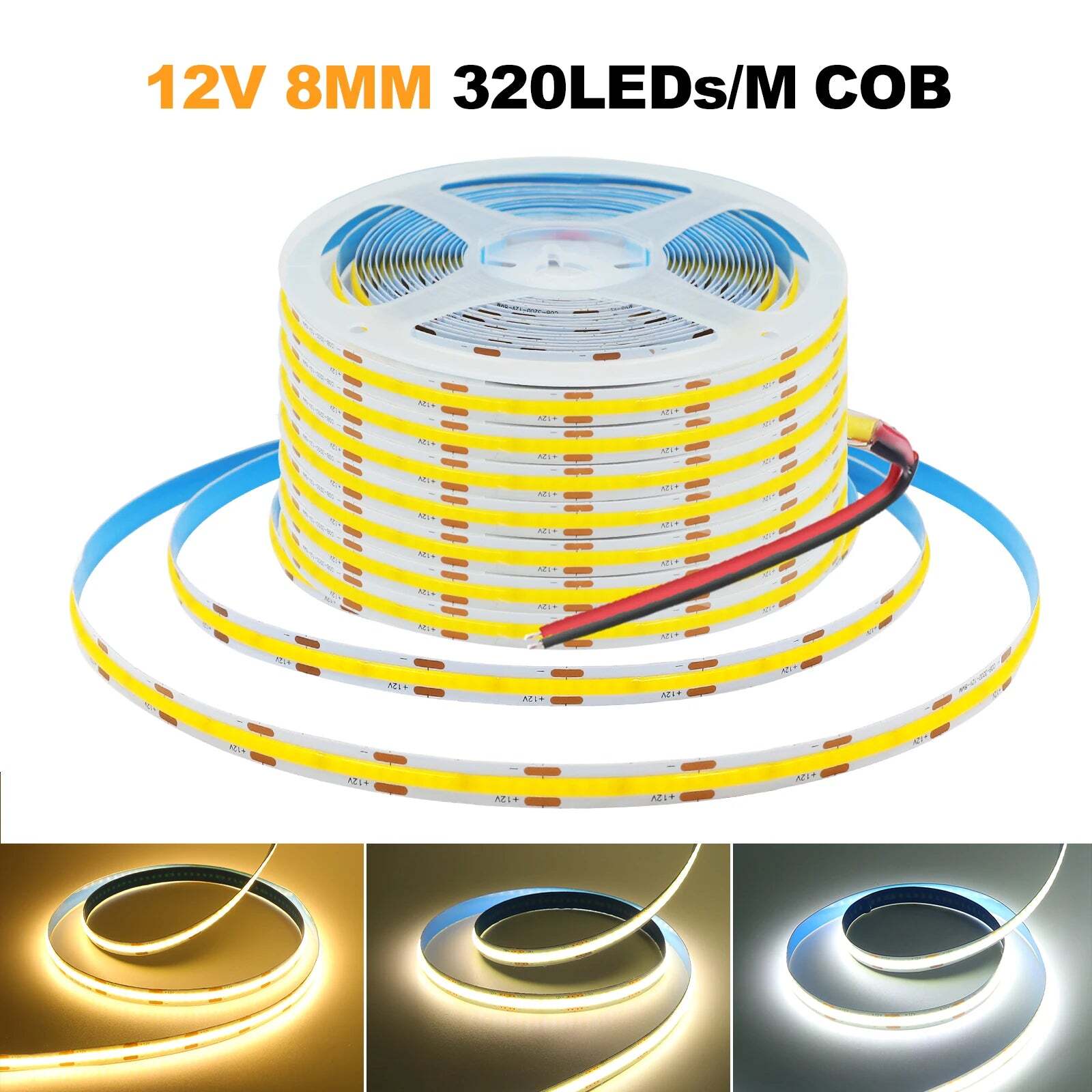 Image of High-density COB strip LED light with 320 LEDs per meter in versatile colors