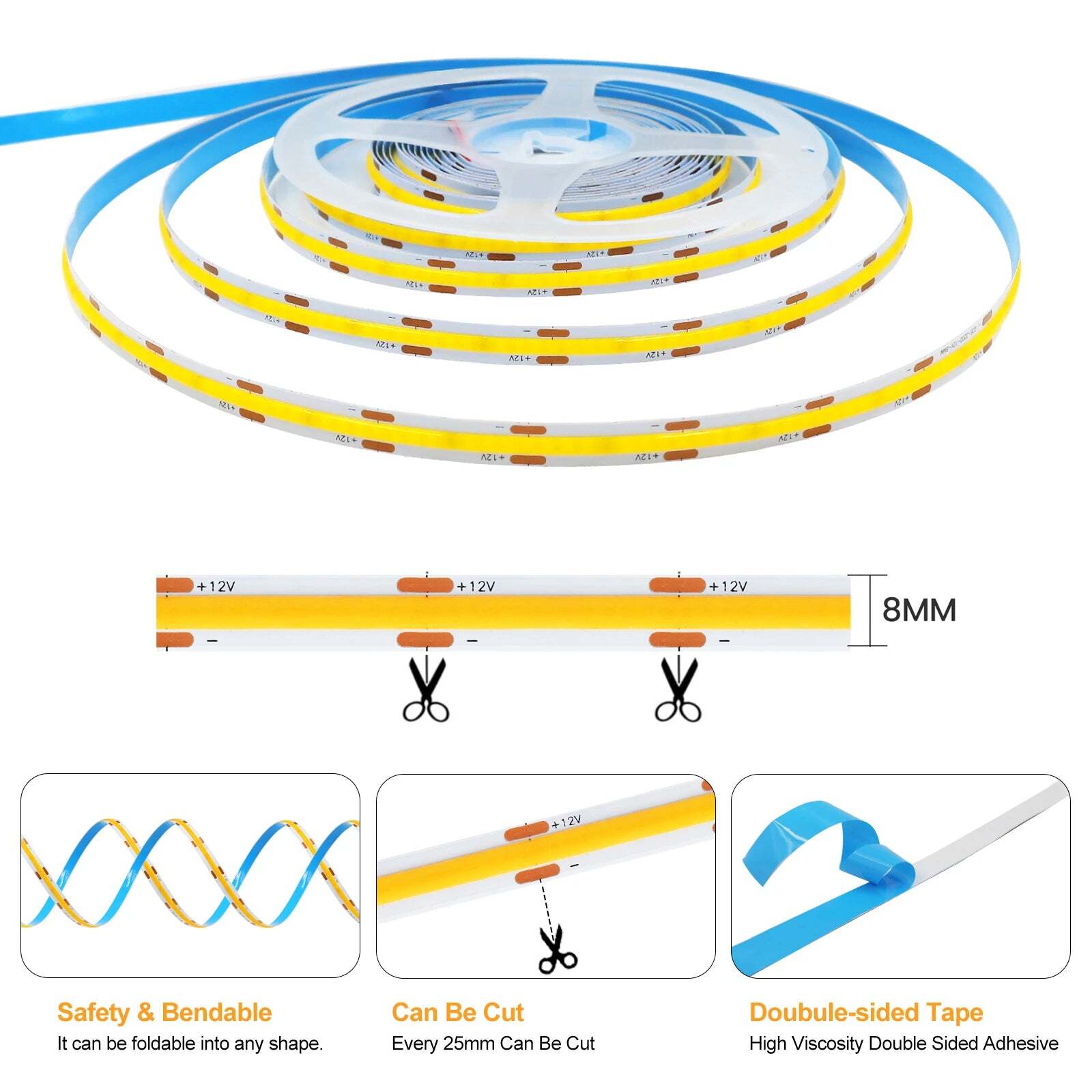 Image of High-density COB strip LED light with 320 LEDs per meter in versatile colors