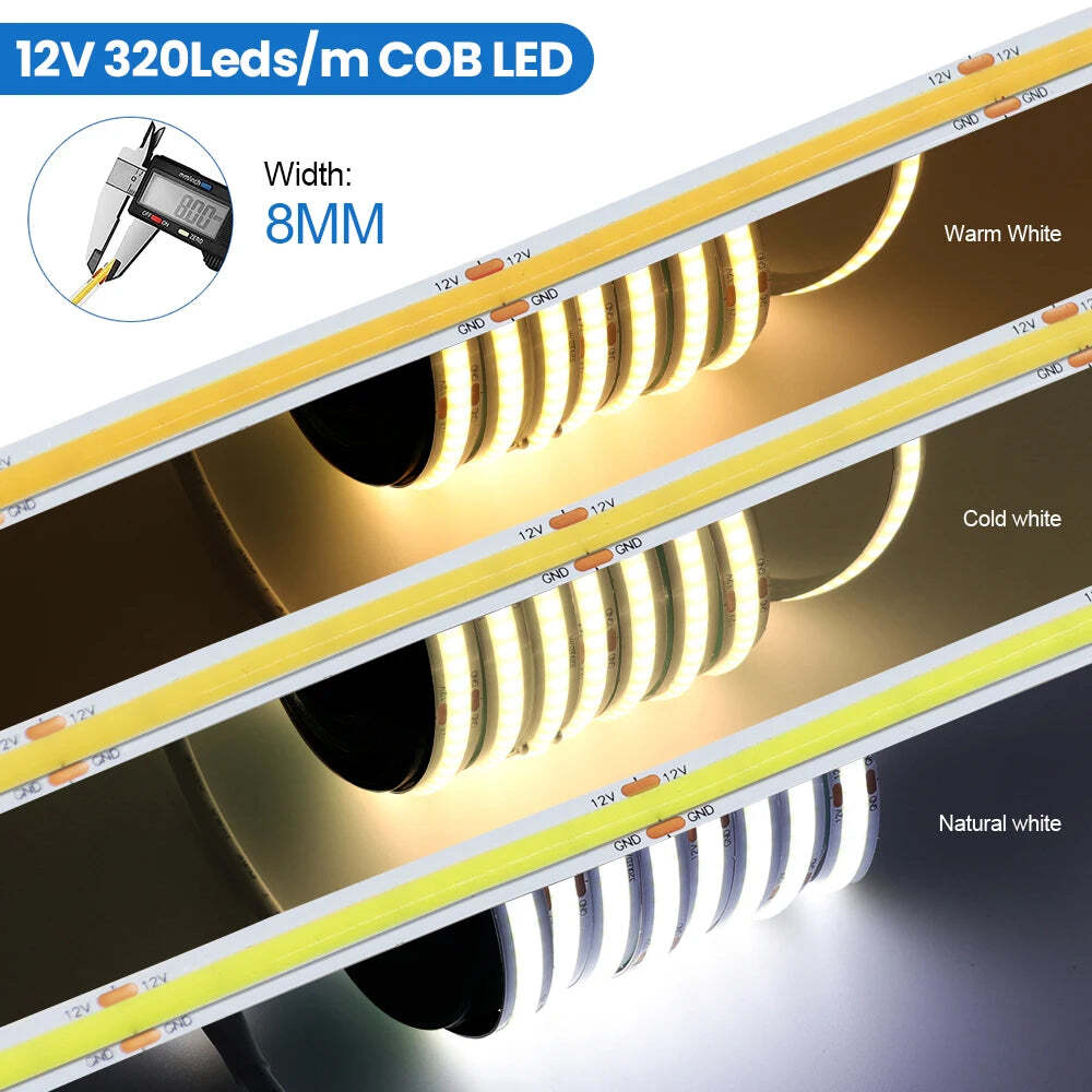 Image of High-density COB strip LED light with 320 LEDs per meter in versatile colors