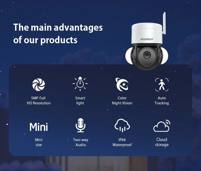 Image of Inqmega 5MP WiFi Tuya camera with night vision and motion detection for outdoor surveillance