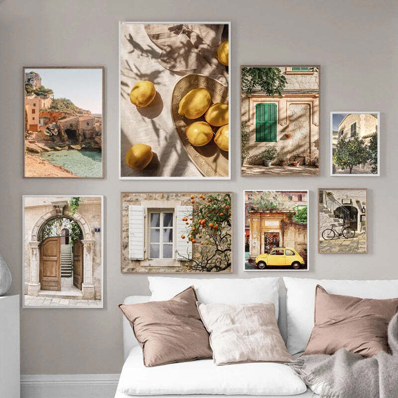 Image of Italian town lemon orange harvest canvas art for home and garden decor