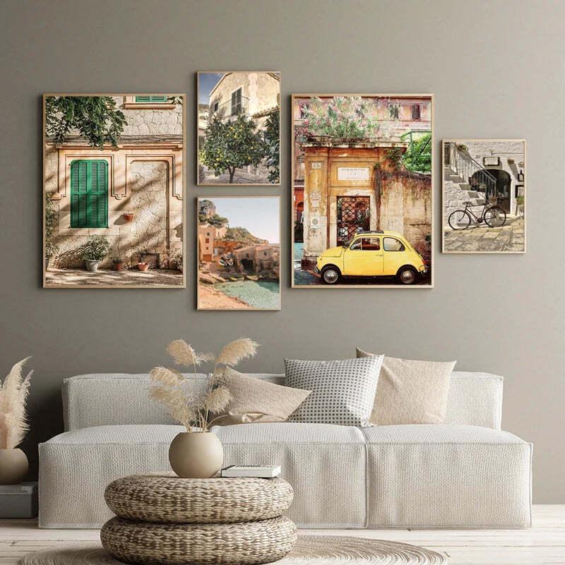 Image of Italian town lemon orange harvest canvas art for home and garden decor