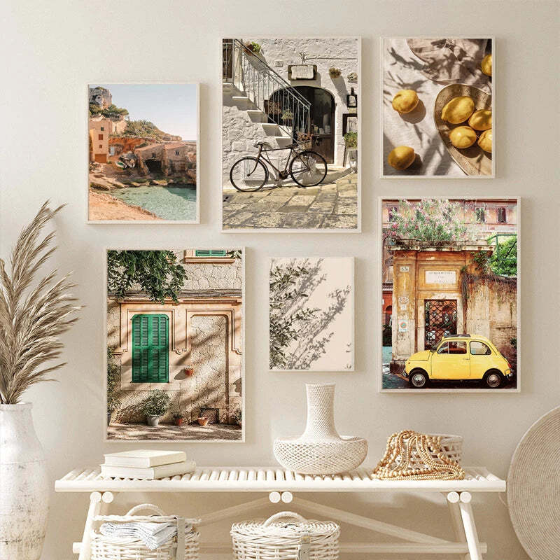 Image of Italian town lemon orange harvest canvas art for home and garden decor