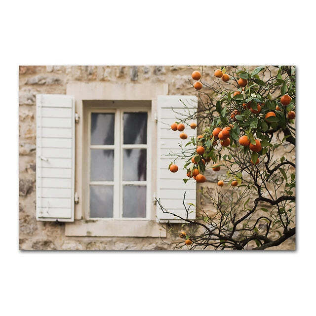 Image of Italian town lemon orange harvest canvas art for home and garden decor