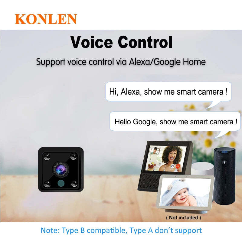 Image of KONLEN Mini Wireless Battery IP Camera with night vision and Google Assistant compatibility