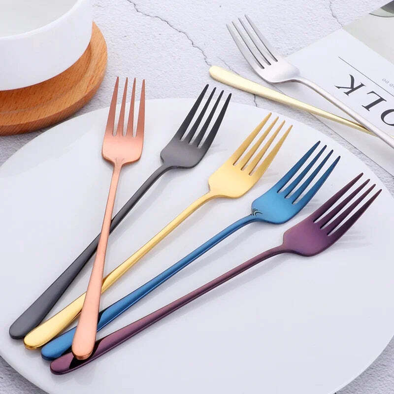 Image of Korea stainless steel dinner forks set with long handles for dessert and salad