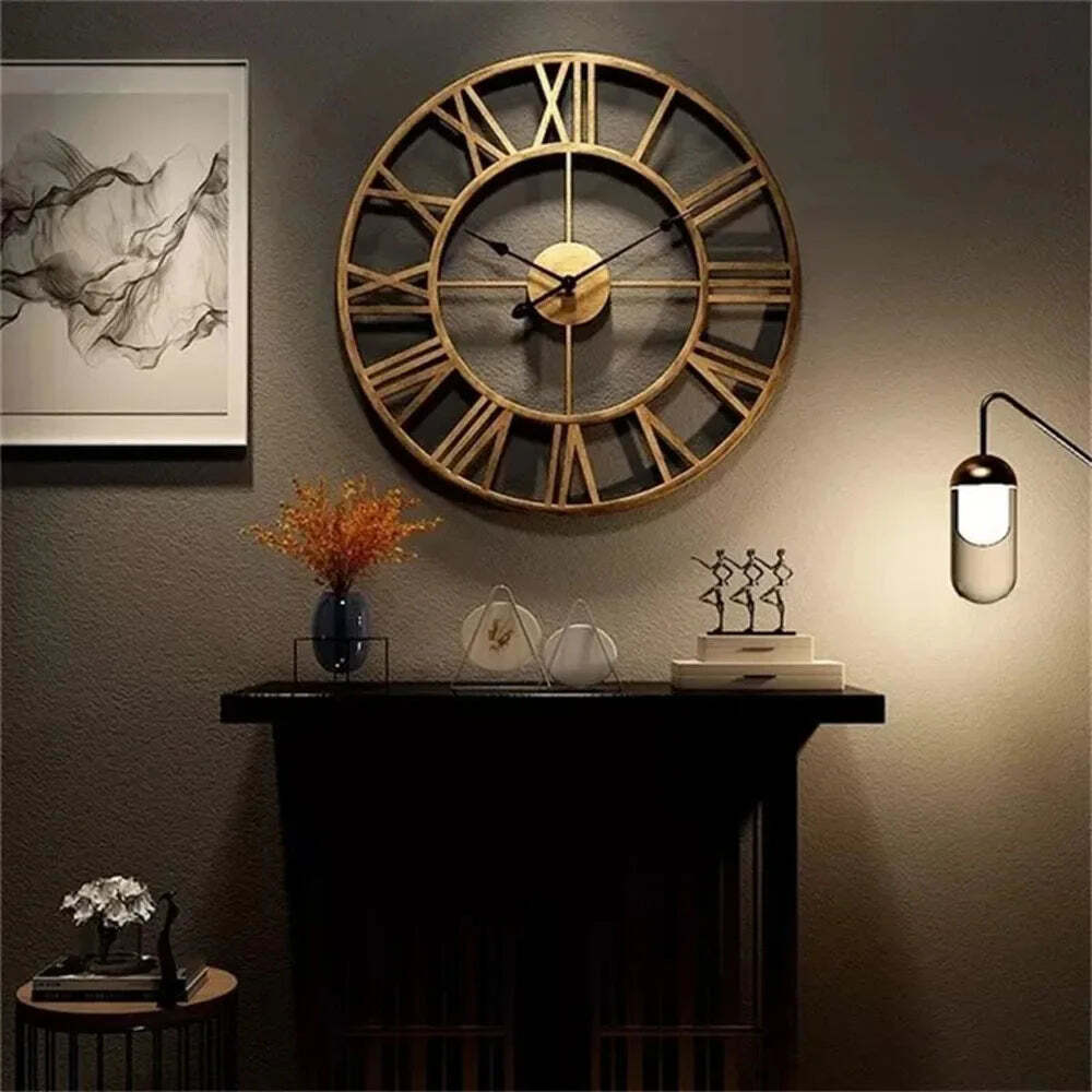 Image of Large antique-style 3D metal wall clock with silent mechanism and Roman numerals