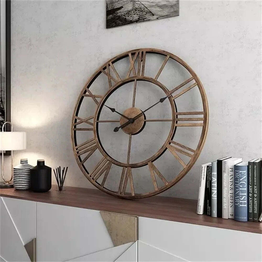 Image of Large antique-style 3D metal wall clock with silent mechanism and Roman numerals