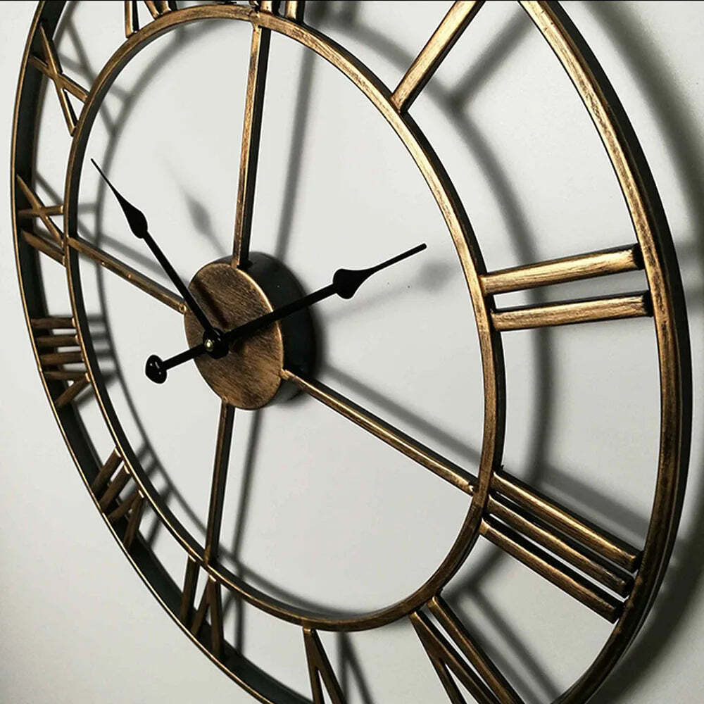 Image of Large antique-style 3D metal wall clock with silent mechanism and Roman numerals