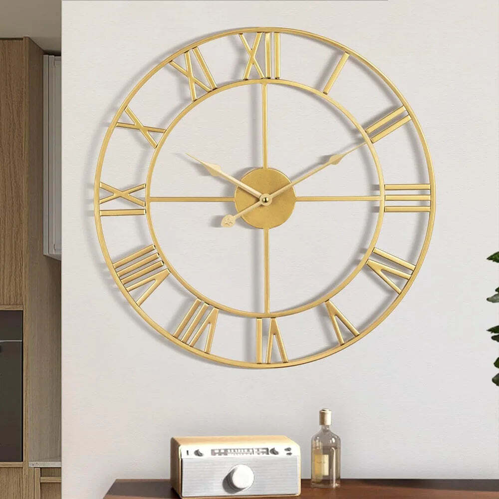 Image of Large antique-style 3D metal wall clock with silent mechanism and Roman numerals