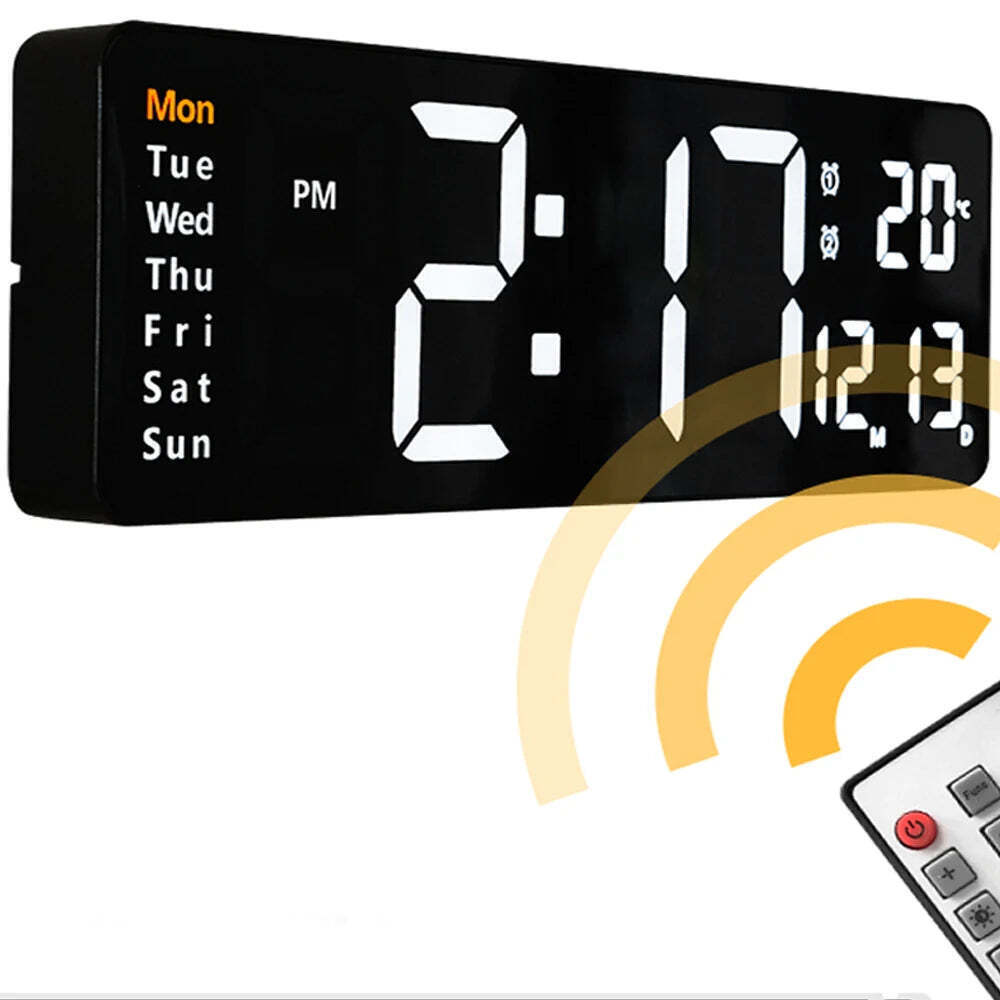 Image of Large digital LED wall clock with calendar, dual alarms, and temperature display for modern home decor