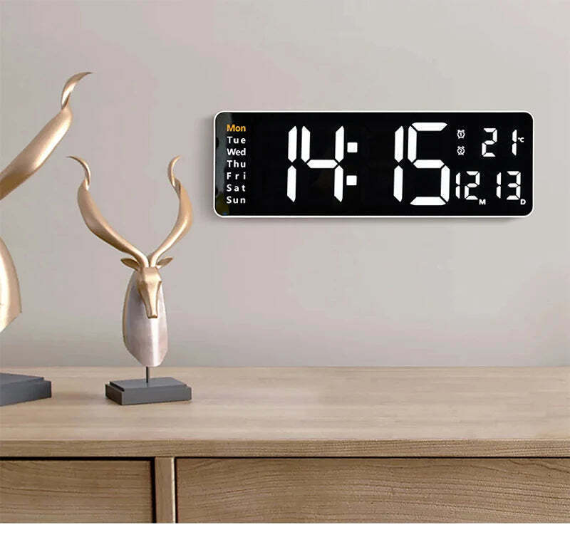 Image of Large digital LED wall clock with calendar, dual alarms, and temperature display for modern home decor