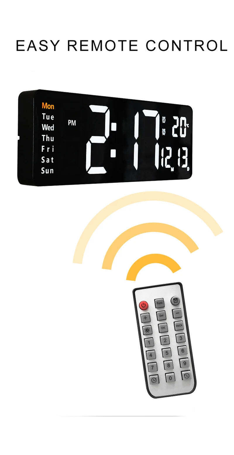 Image of Large digital LED wall clock with calendar, dual alarms, and temperature display for modern home decor