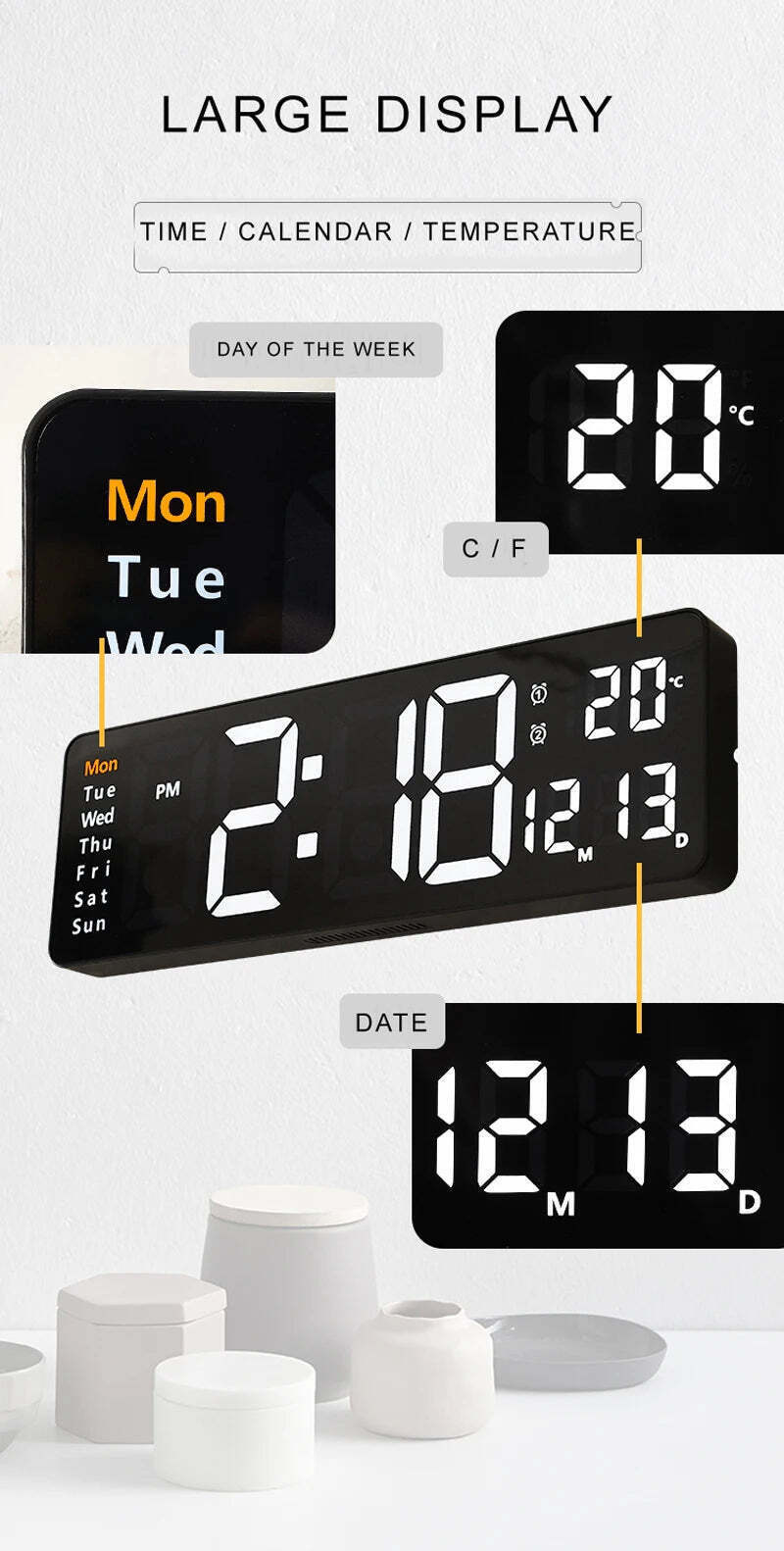 Image of Large digital LED wall clock with calendar, dual alarms, and temperature display for modern home decor