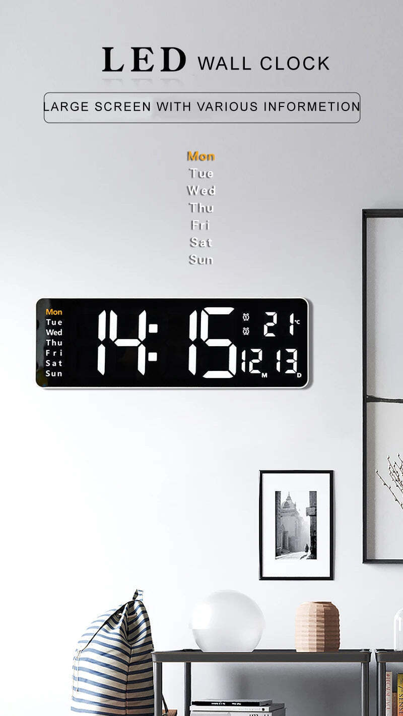 Image of Large digital LED wall clock with calendar, dual alarms, and temperature display for modern home decor