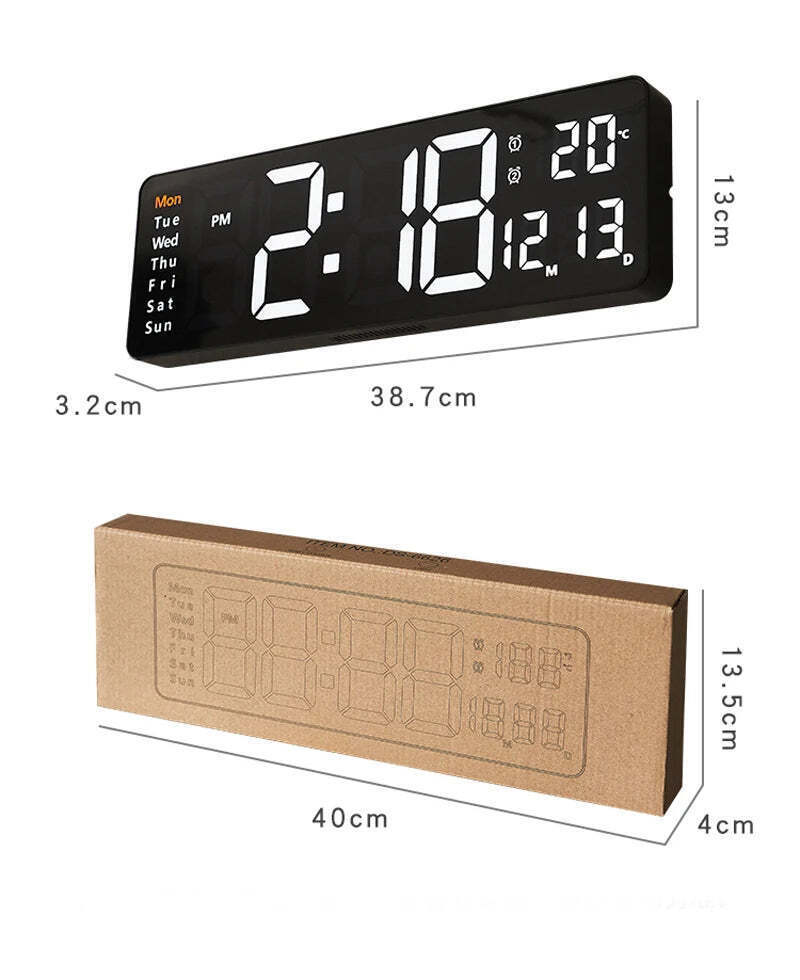 Image of Large digital LED wall clock with calendar, dual alarms, and temperature display for modern home decor