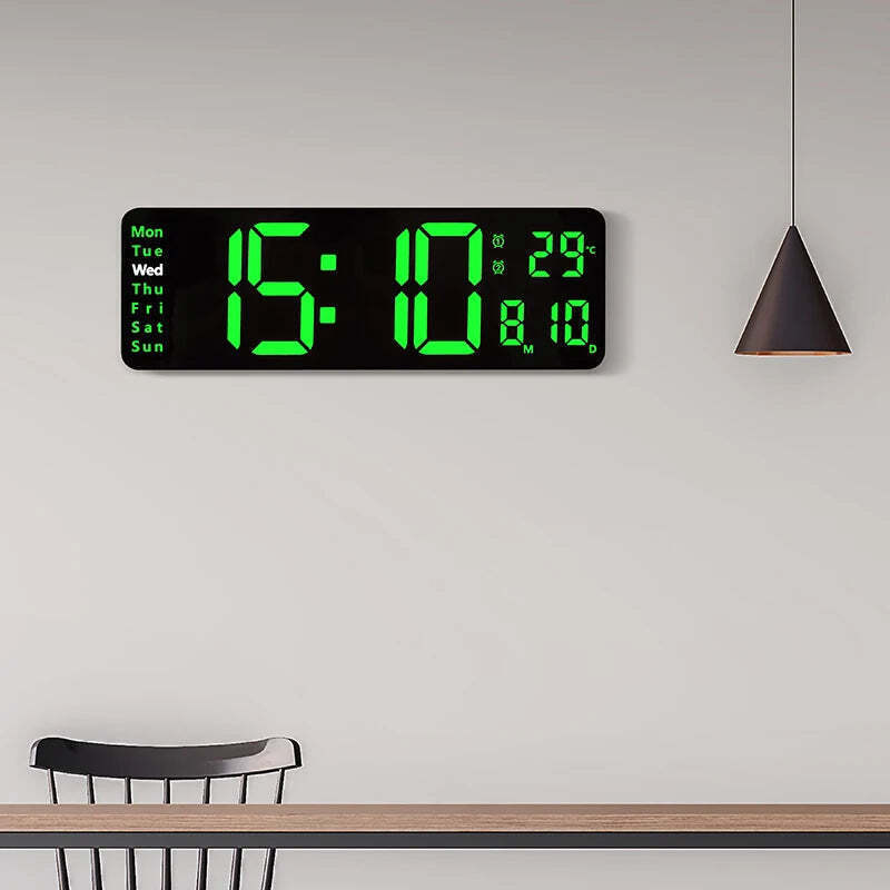 Image of Large digital LED wall clock with calendar, dual alarms, and temperature display for modern home decor