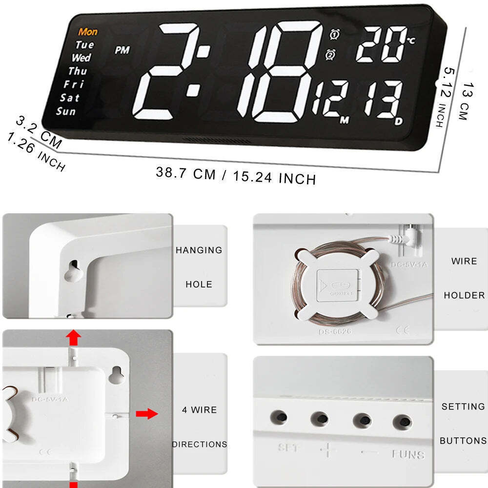 Image of Large digital LED wall clock with calendar, dual alarms, and temperature display for modern home decor