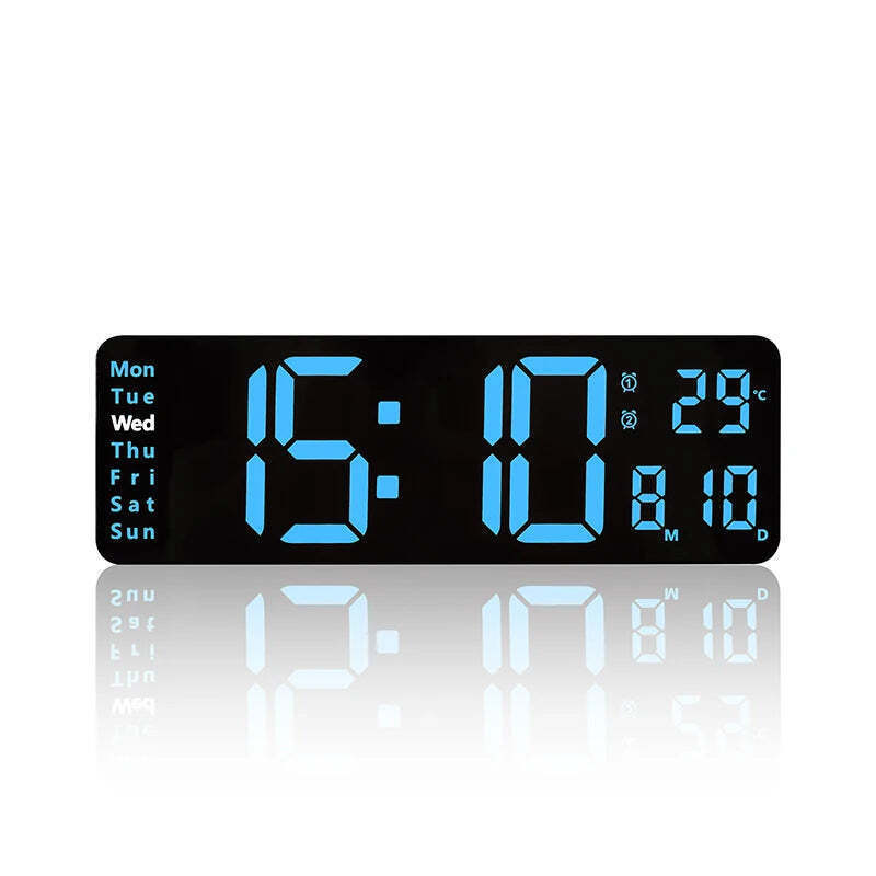 Image of Large digital LED wall clock with calendar, dual alarms, and temperature display for modern home decor