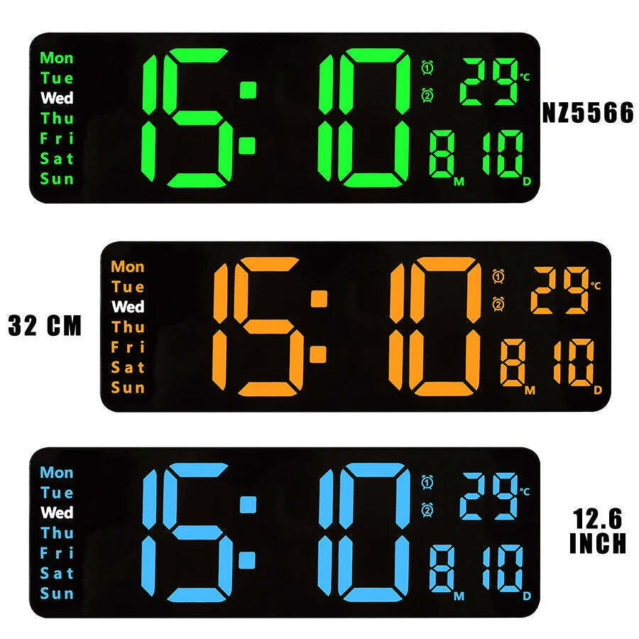 Image of Large digital LED wall clock with calendar, dual alarms, and temperature display for modern home decor