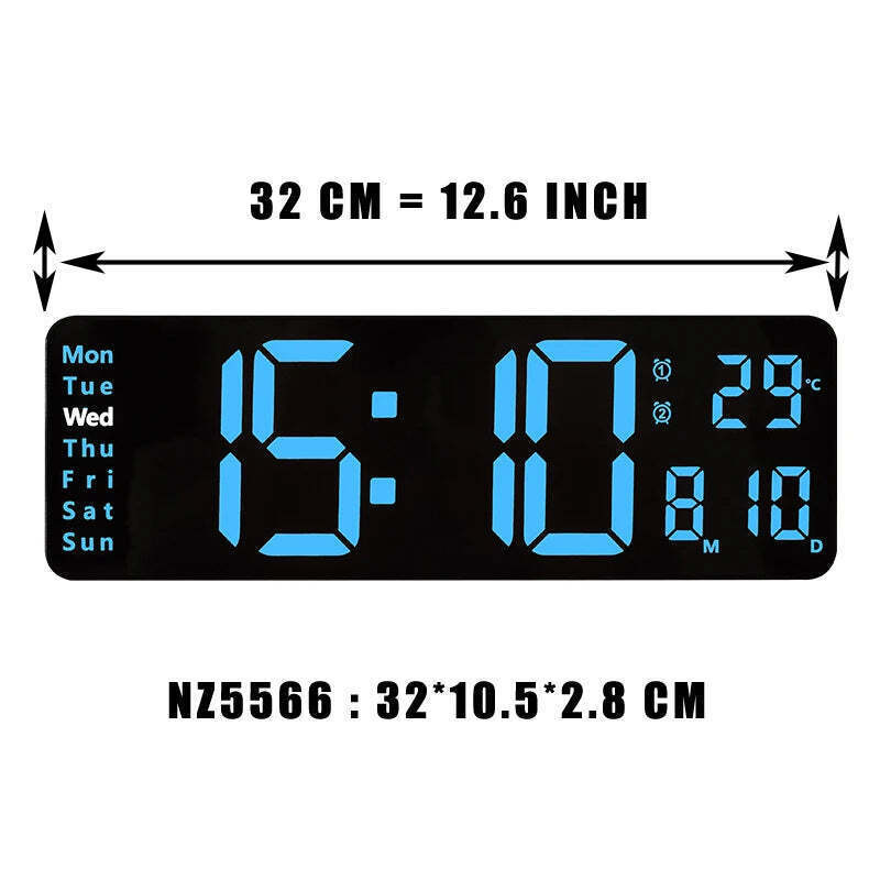 Image of Large digital LED wall clock with calendar, dual alarms, and temperature display for modern home decor