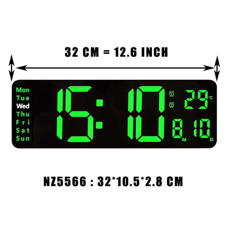 Image of Large digital LED wall clock with calendar, dual alarms, and temperature display for modern home decor