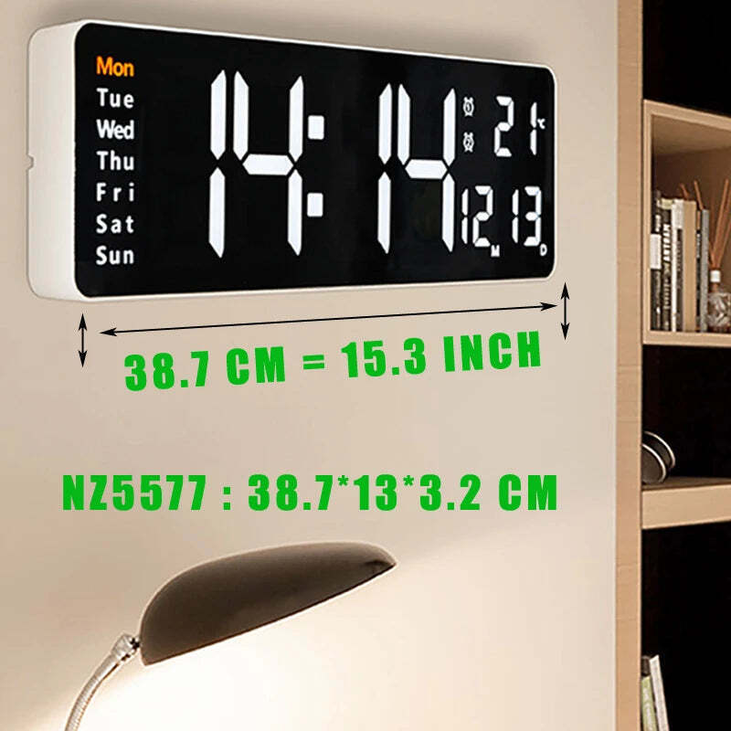 Image of Large digital LED wall clock with calendar, dual alarms, and temperature display for modern home decor