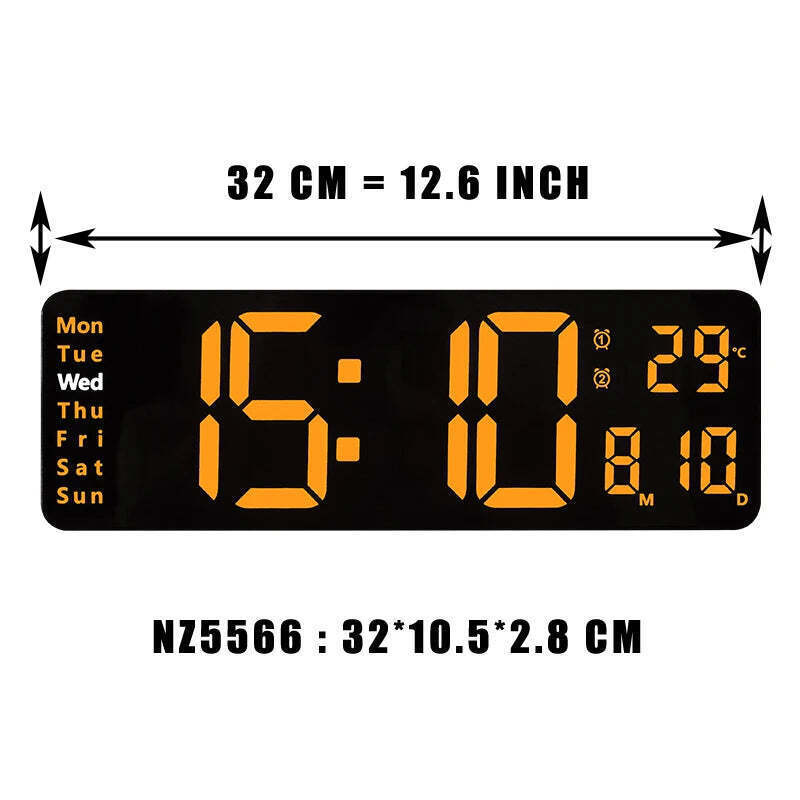 Image of Large digital LED wall clock with calendar, dual alarms, and temperature display for modern home decor