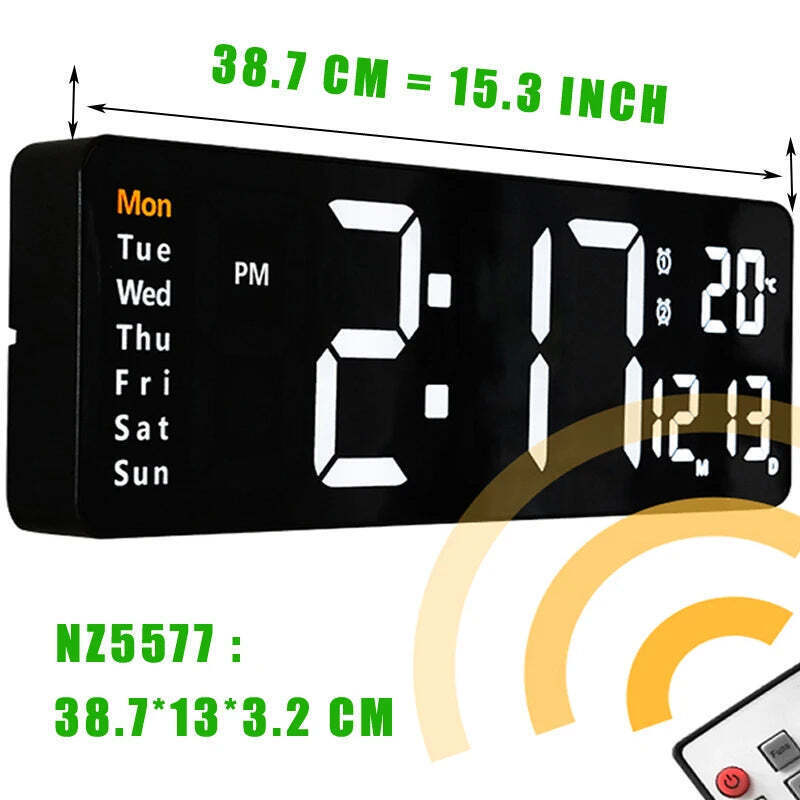 Image of Large digital LED wall clock with calendar, dual alarms, and temperature display for modern home decor